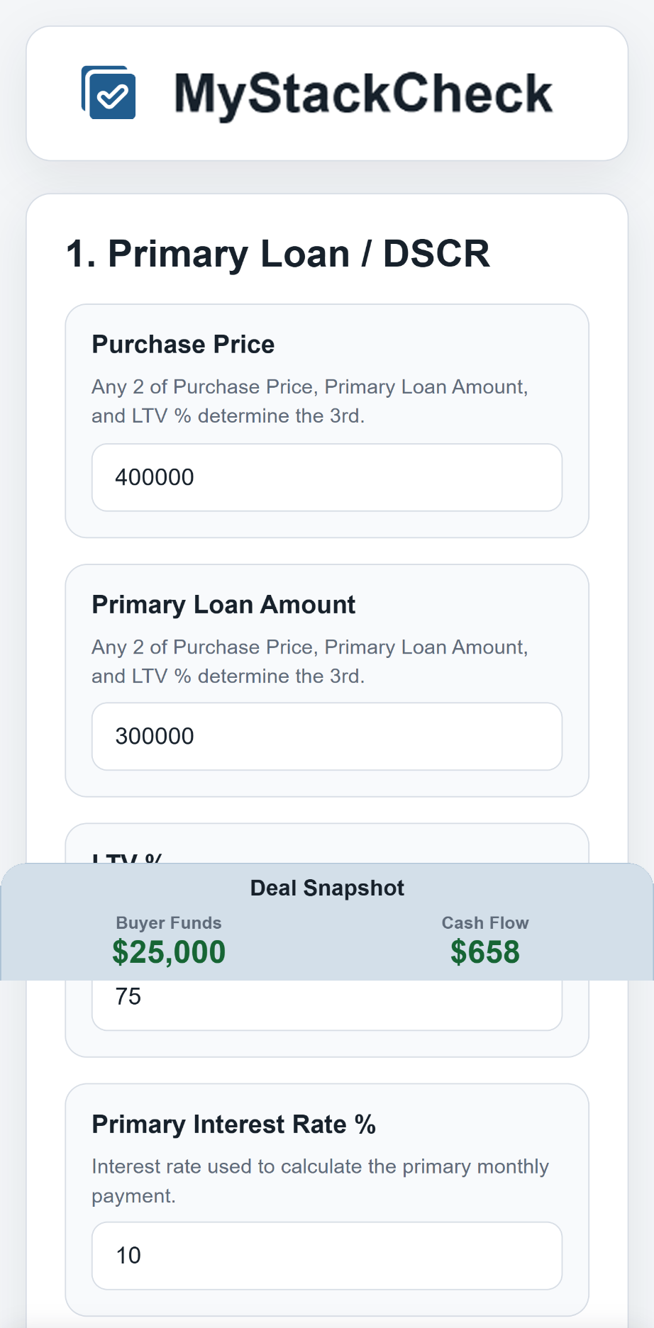 MyStackCheck beta calculator mobile preview showing loan inputs and deal snapshot